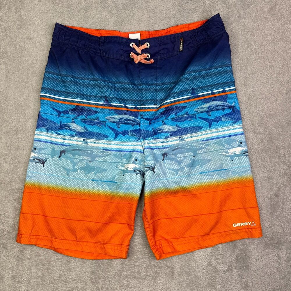 Gerry Swim Trunks Shorts Boys XL 18/20 Multi Sharks Print Lace Up Beach Wear